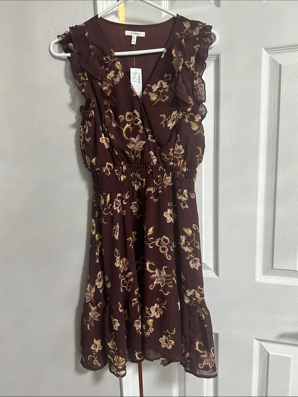 Maurices Brown Floral Ruffle Midi Dress with Cream Accents